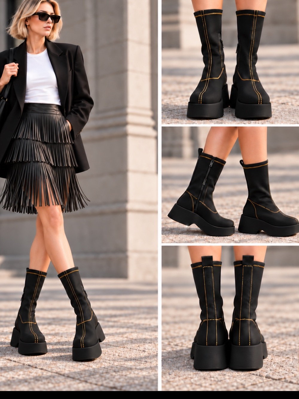 Ganni Black Platform Sock Boots with Contrast Stitching fit like US 9